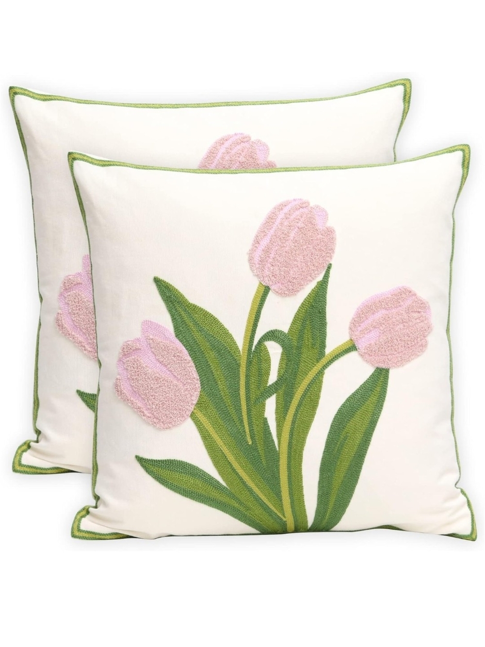 Embroidered Pink Tulip Throw Pillow Case Pair